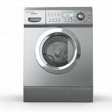 front loading washing machine in a matte silver finish
